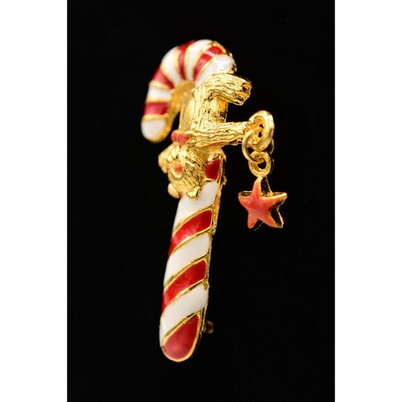 Vintage Christmas Candy Cane Pin Brooch Red White Enamel Gold Teddy Bear Bin7 - Picture 3 of 12